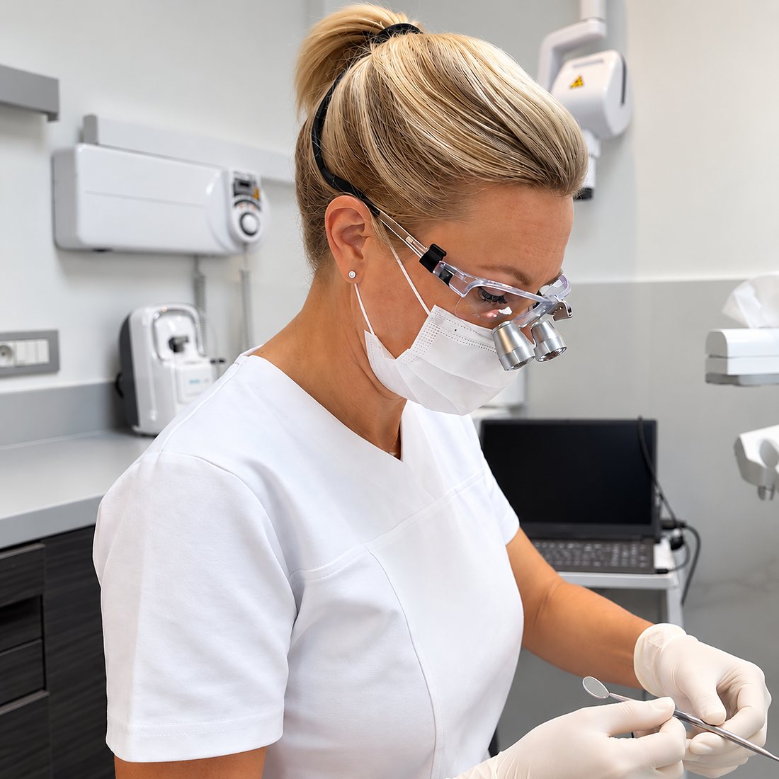 Laurence Amand at work, wearing surgical loupes